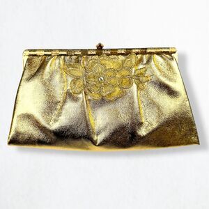 Gold Clutch Purse Cocktail Handbag w/ Gold Chain Strap Threaded Floral Design